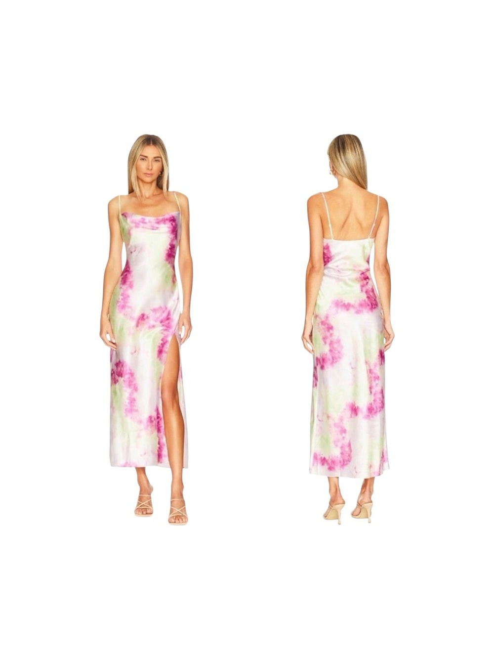 SUPERDOWN. Satin Tie-Dye Pink Green Krystal Maxi Dress Adjustable Straps M
